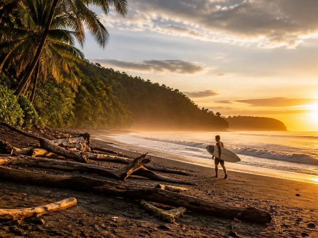 Wild surf breaking on Dominical beach below a jungle ridge