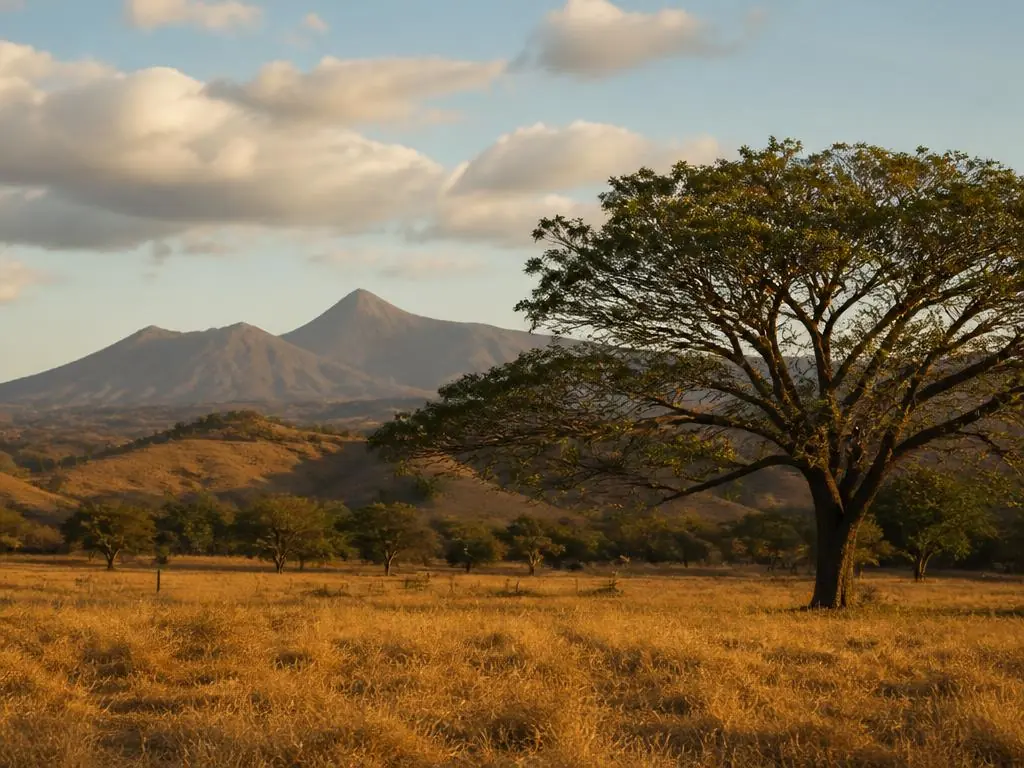 Golden dry-season savanna and volcanoes near Liberia