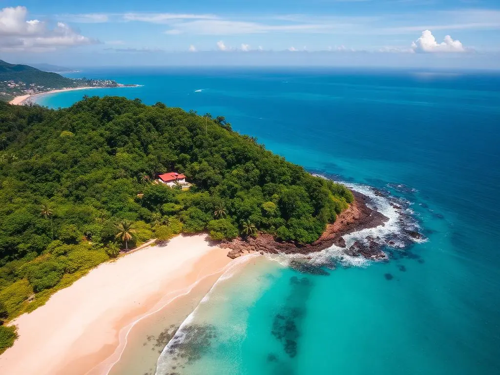 Aerial view of a white sand beach and jungle headland at Manuel Antonio