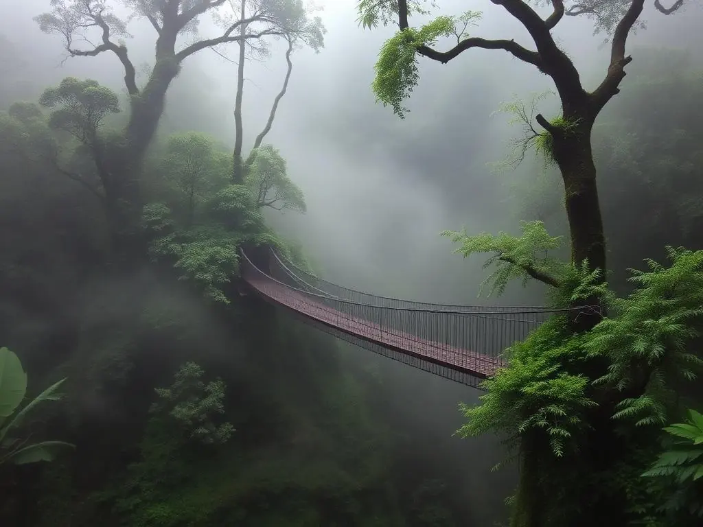 Hanging bridge crossing a misty Monteverde cloud forest canopy