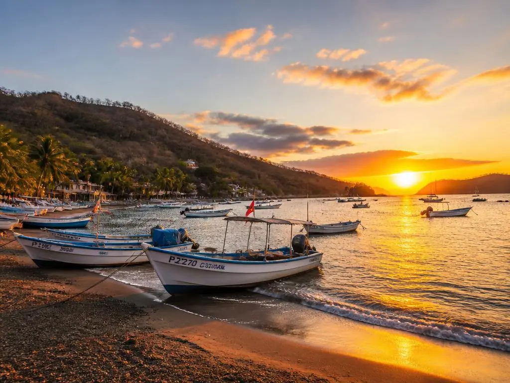 Sunset over the grey-sand bay at Playas del Coco