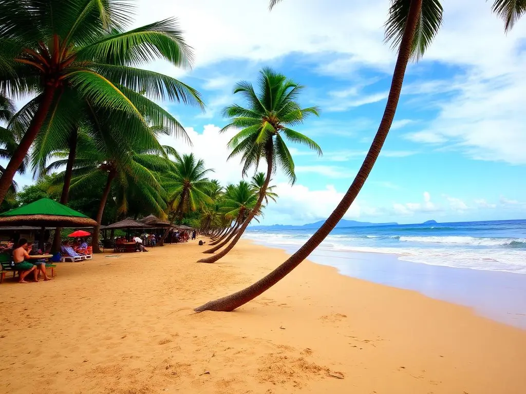 Palm trees leaning over a golden Caribbean beach at Puerto Viejo