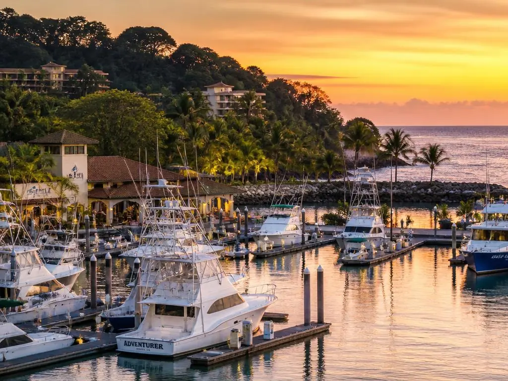 Sportfishing boats in the Quepos marina at golden hour