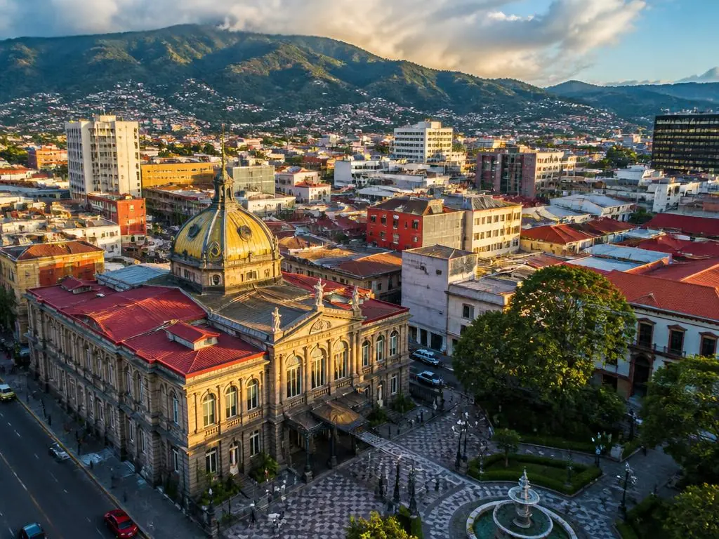 Aerial view of downtown San José with the Central Valley mountains behind