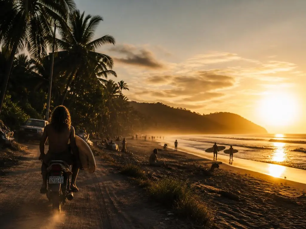 Long Pacific beach at sunset in Santa Teresa