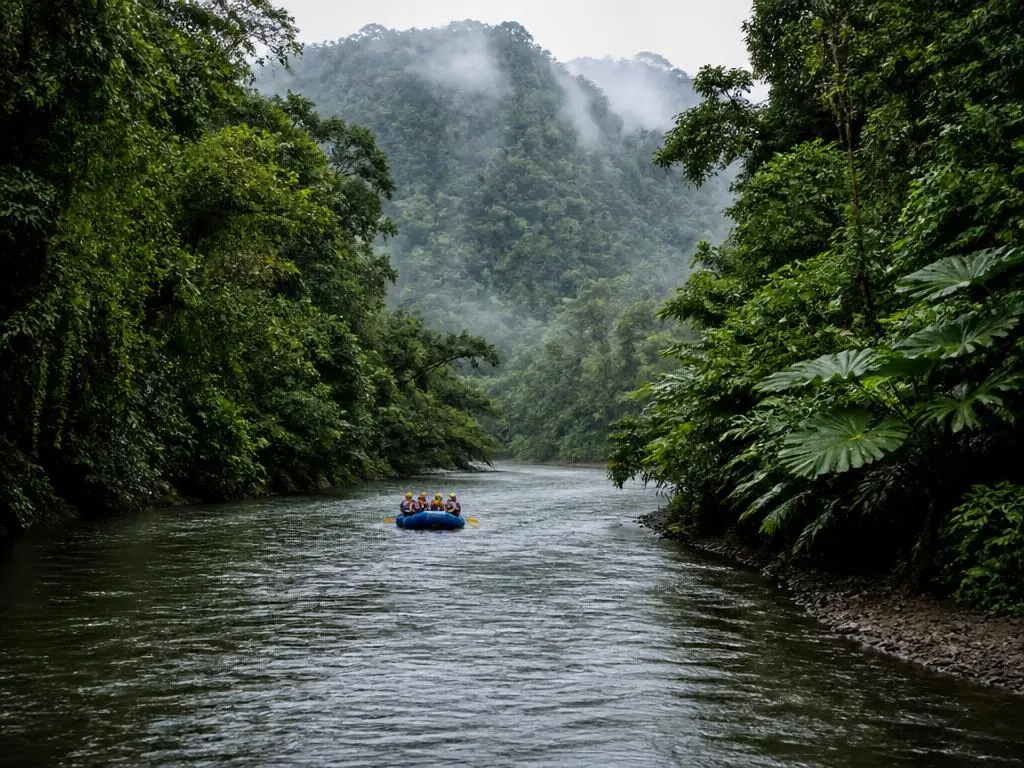 Wide misty river winding through Sarapiquí rainforest