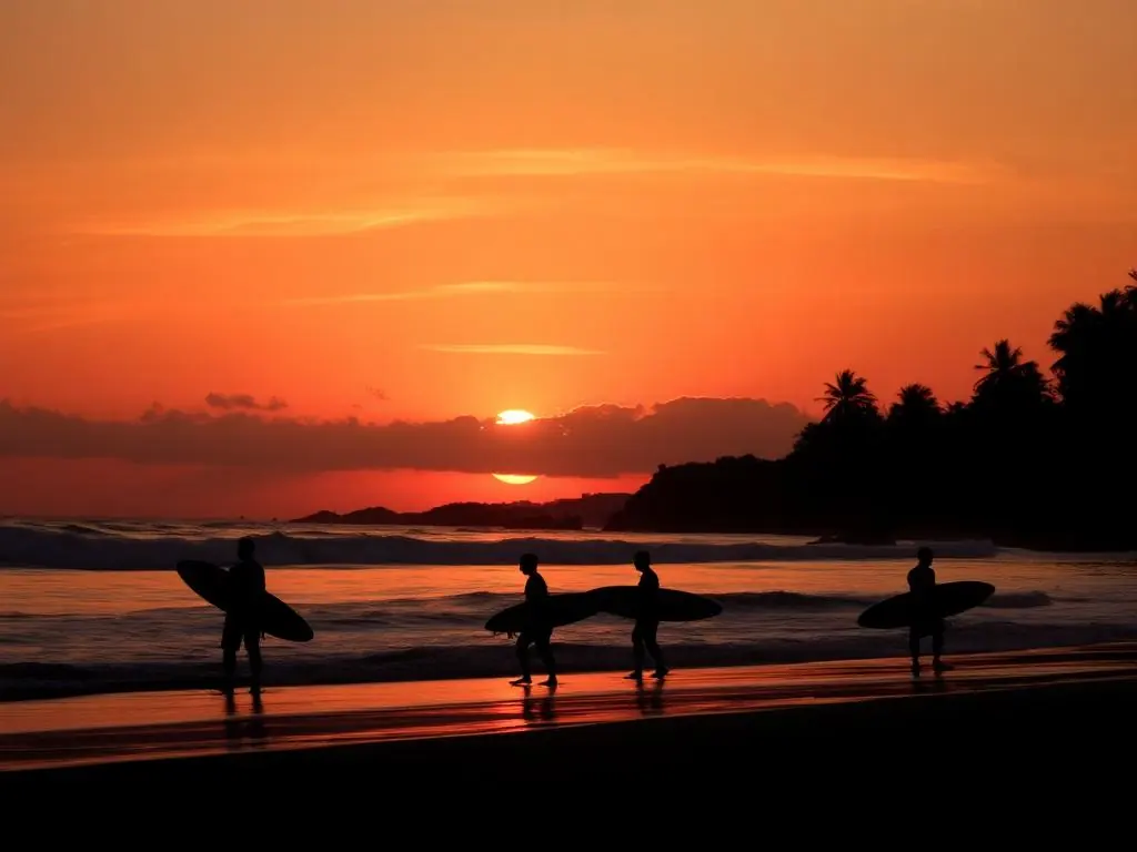 Surfers walking along Tamarindo beach at sunset