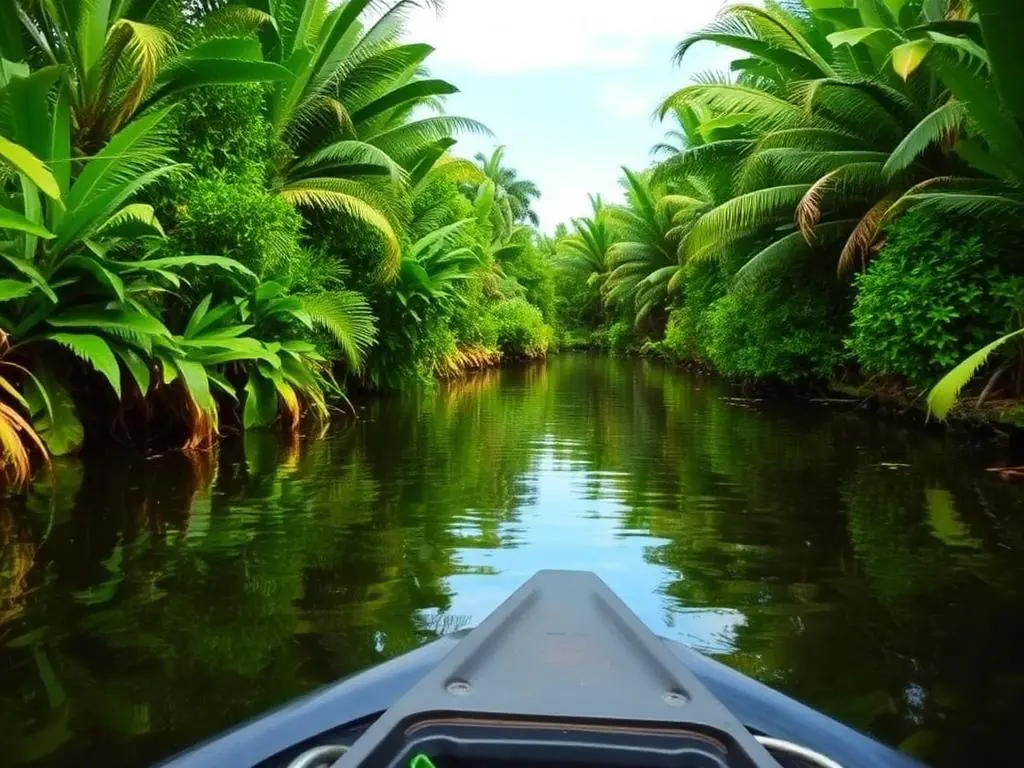 Boat travelling through the jungle canals of Tortuguero