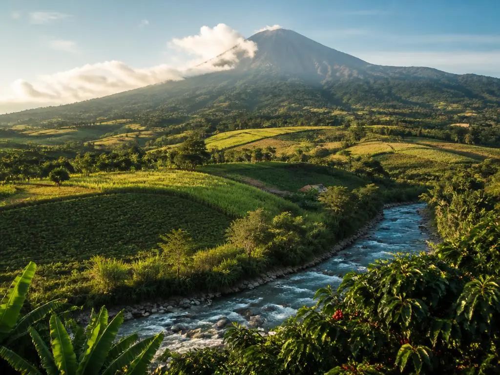 Farm patchwork, whitewater river and the Turrialba volcano