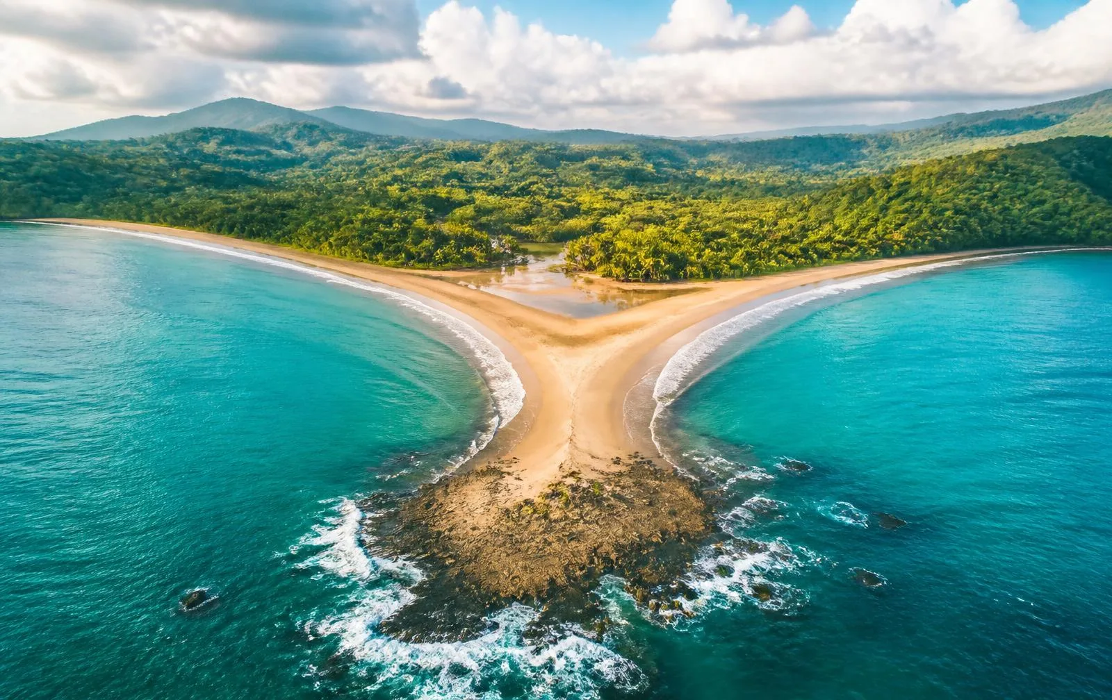 Aerial view of the whale tail sandbar at Uvita with turquoise water